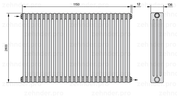 Схема (чертеж) Радиатор Zehnder Charleston 4280/25 №1670 Белый глянцевый RAL 9016